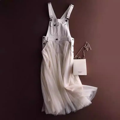 Boho Chic Denim Suspender Skirt with Tulle