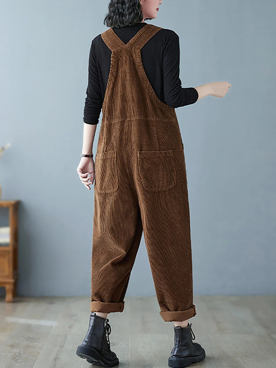 Retro Lazy Corduroy Overalls Winter Loose Slim Suspender Jumpsuit