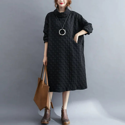Plus Size Polka Dot Turtleneck Maxi Dress Artistic Style