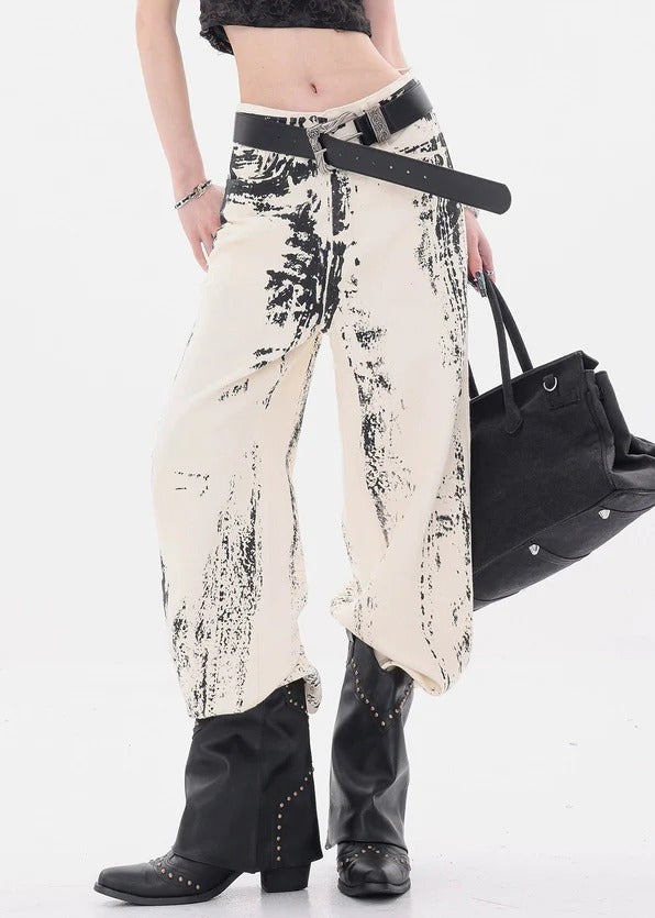 Art Apricot Print Pockets High Waist Denim Pants Fall