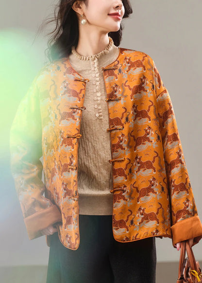 Chinese Style Yellow Print Fine Cotton Filled Silk Jacket Winter