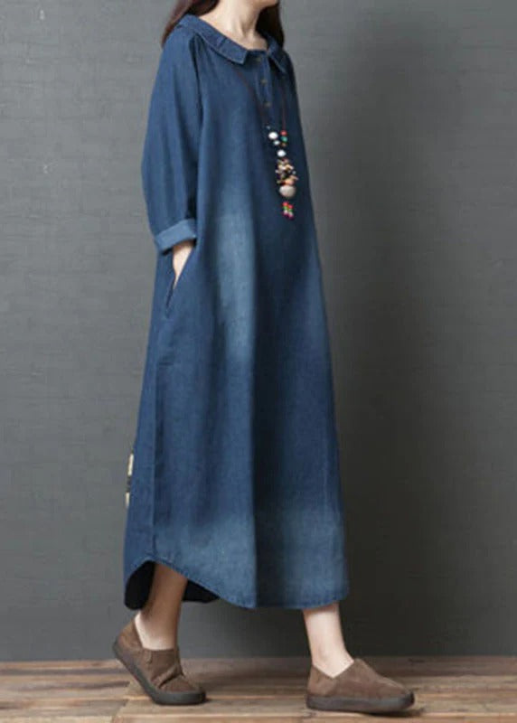 Handmade Blue PeterPan Collar Pockets Patchwork Fall Denim Long sleeve Dresses