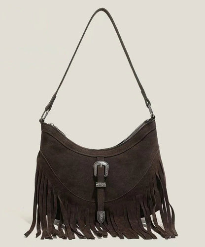 Handmade Khaki Tasseled Solid Durable Fine Suede Messenger Bag