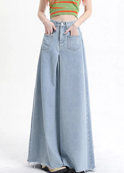 Modern Denim Blue Pockets High Waist Wide Leg Pants Fall