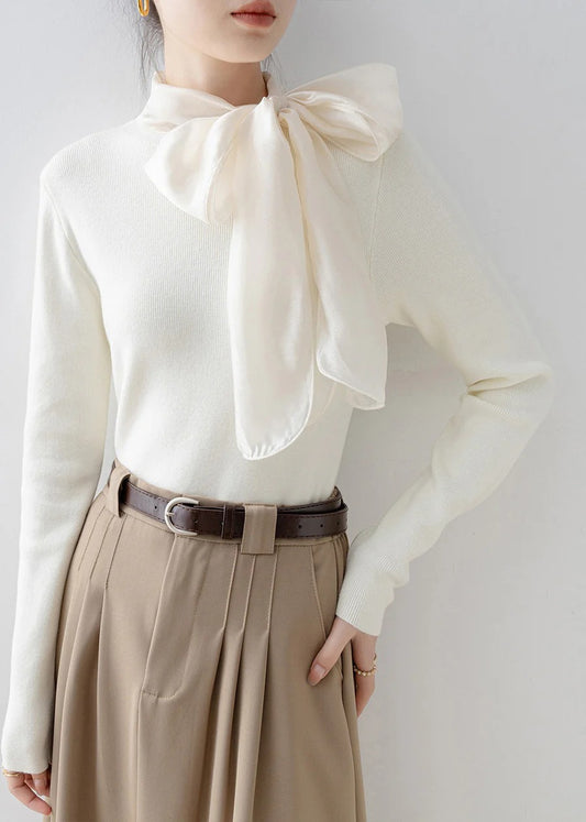 New Apricot Hign Neck Bow Patchwork Knit Sweater Spring