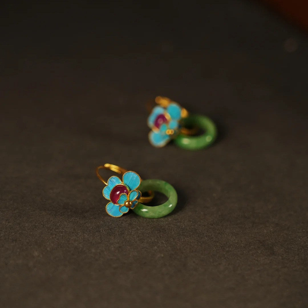 Tourmaline Blue Simulated Jade Ping An Kou Earrings - Chinese Style Elegant Jewelry