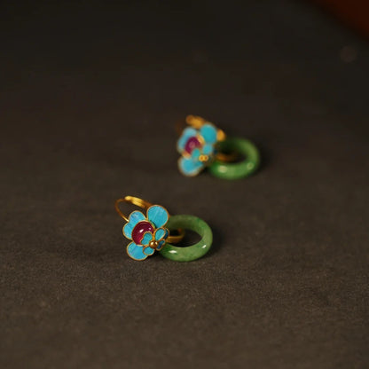 Tourmaline Blue Simulated Jade Ping An Kou Earrings - Chinese Style Elegant Jewelry