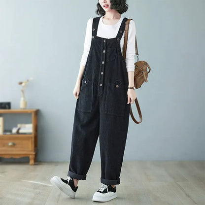 Retro Lazy Corduroy Overalls Winter Loose Slim Suspender Jumpsuit