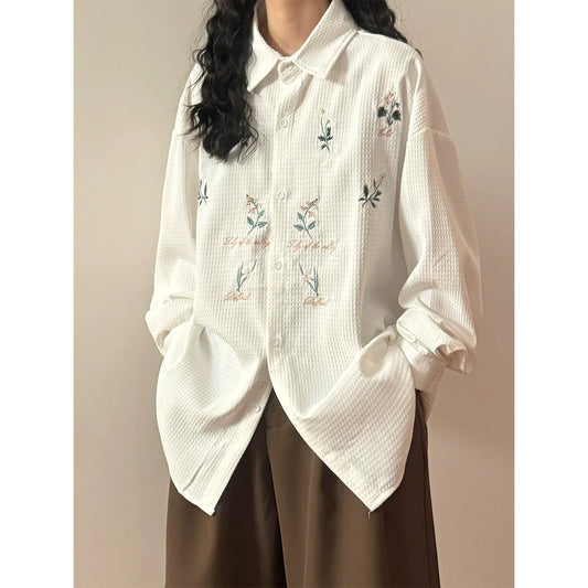 Lazy Texture Waffle Grid Embroidered Shirt - Versatile