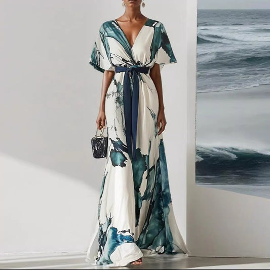 V-Neck Digital Printed Short Sleeve Dress Women