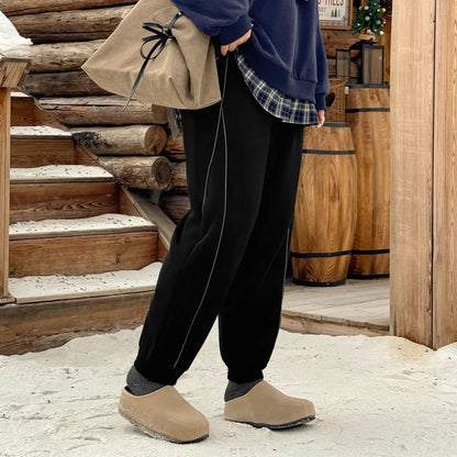 Plus Size Green Street Style 450g High Waist Fleece Lined Pants