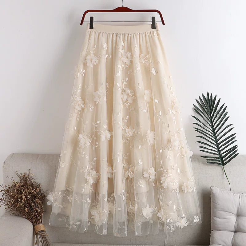 Layered Mesh Tulle Full Flare Skirt with 3D Embroidery