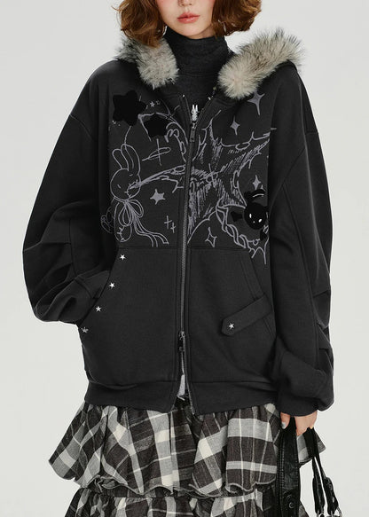 Casual Dark Grey Fur Collar Patchwork Cotton Hooded Coat Spring