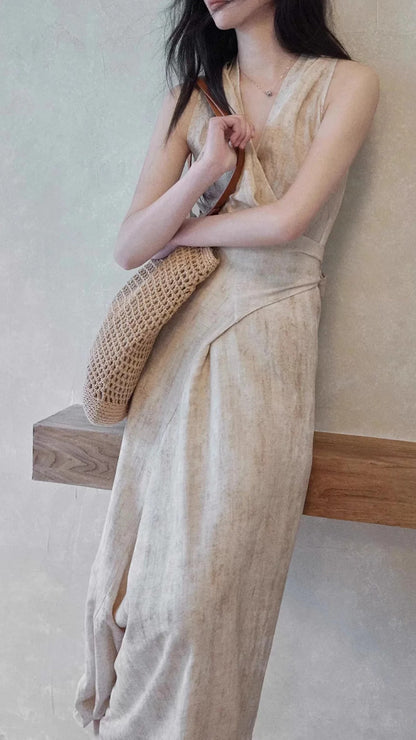 Beige V Neck Wrap Sleeveless Waist Tie Maxi Dresses Summer