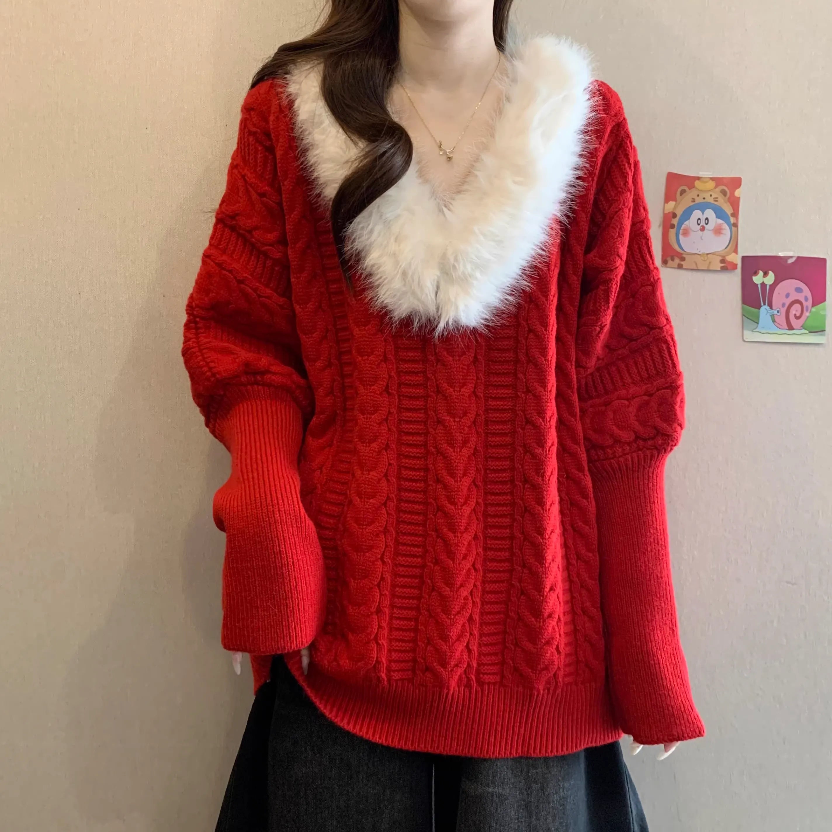 Lazy Style Thickened Red Twist Knit Sweater