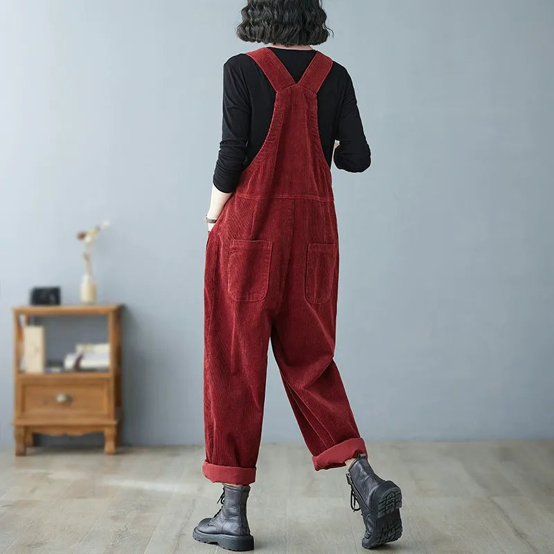 Retro Lazy Corduroy Overalls Winter Loose Slim Suspender Jumpsuit