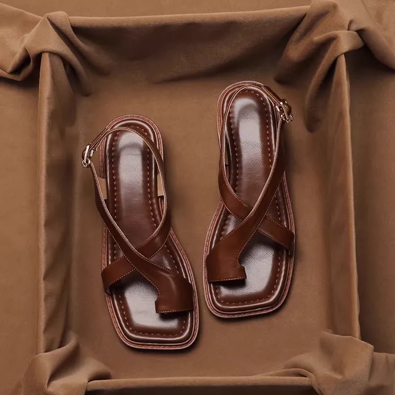 French Elegant Brown Genuine Leather Toe Post Sandals