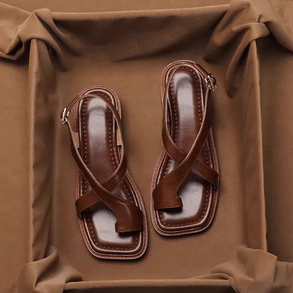 French Elegant Brown Genuine Leather Toe Post Sandals