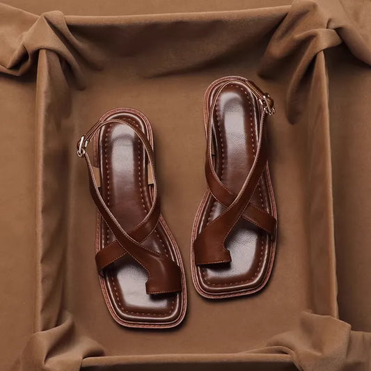 French Elegant Brown Genuine Leather Toe Post Sandals