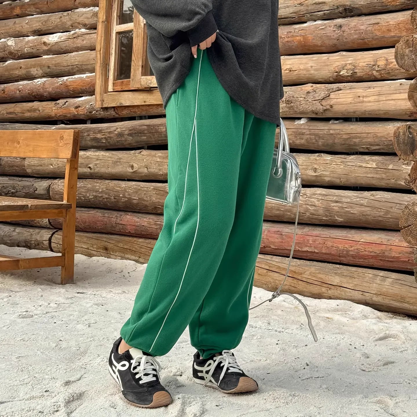 Plus Size Green Street Style 450g High Waist Fleece Lined Pants