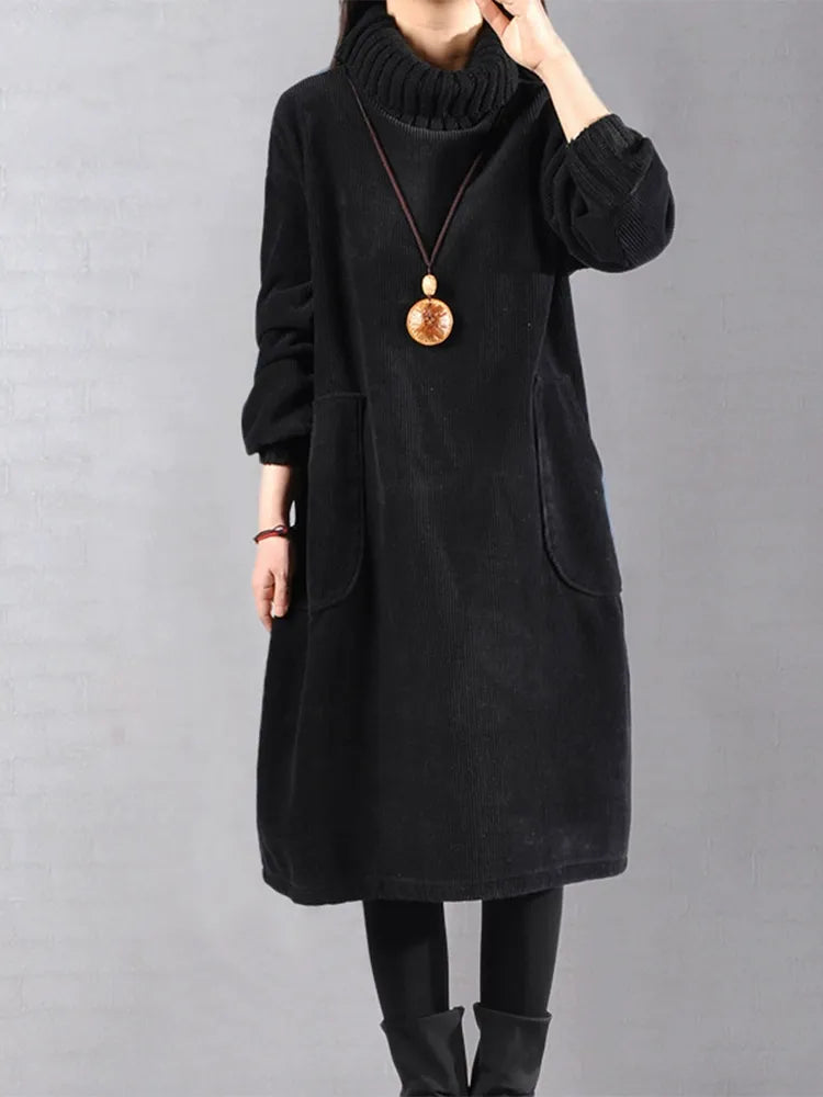 Women's Corduroy Midi Dress High Neck Big Pockets Fleece Lined Thickened