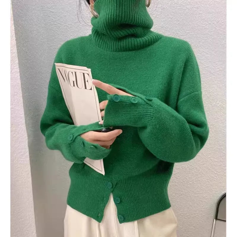 Women's Designer Button Slit Turtleneck Cashmere Sweater New Arrival