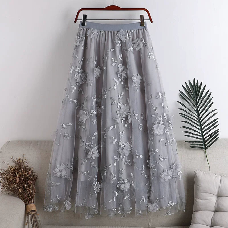 Layered Mesh Tulle Full Flare Skirt with 3D Embroidery