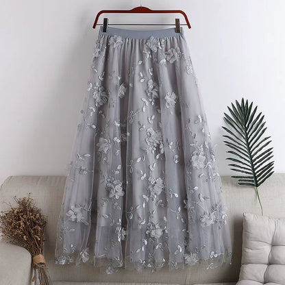 Layered Mesh Tulle Full Flare Skirt with 3D Embroidery