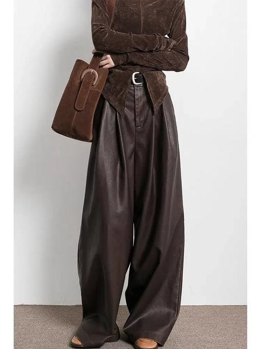 Women's Maillard Brown Wide Leg Faux Leather Pants High Waist Casual Trousers