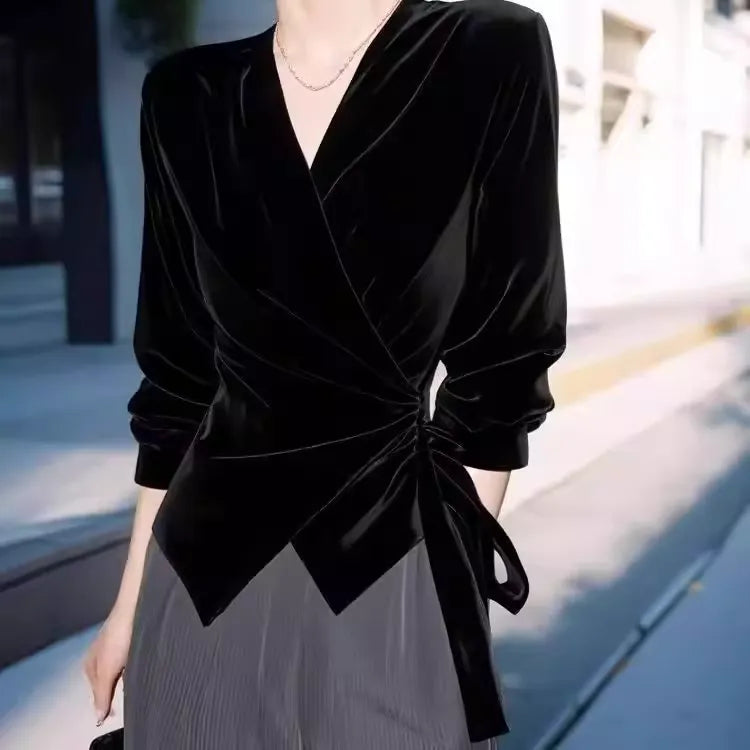 Women's Black Velvet V-Neck Long Sleeve Blouse Versatile Casual Office Top
