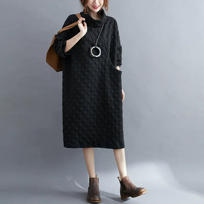 Plus Size Polka Dot Turtleneck Maxi Dress Artistic Style