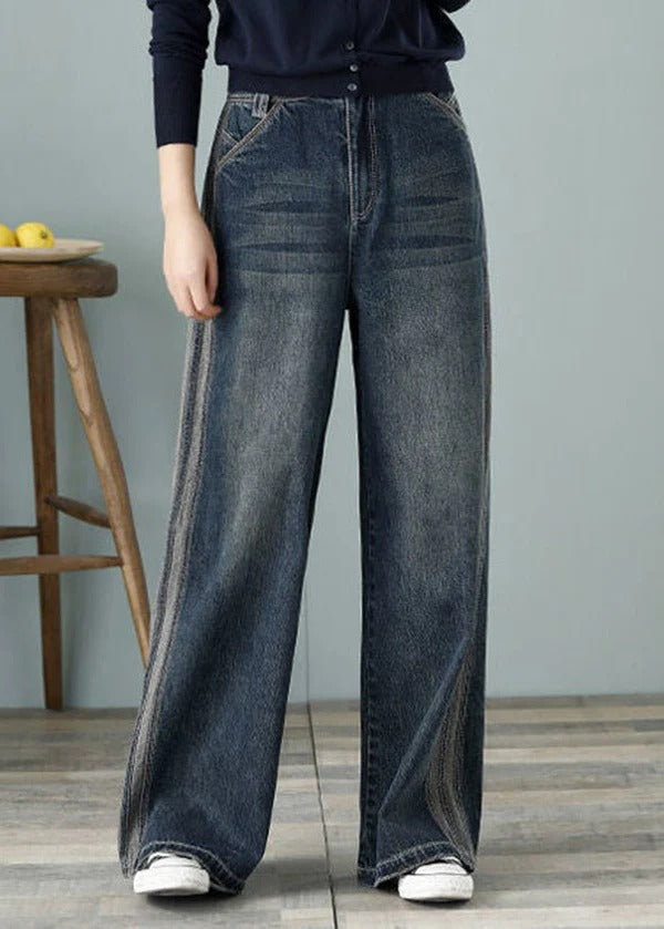 Loose Denim Blue High Waist Pockets Cotton Wide Leg Pants For Women Spring