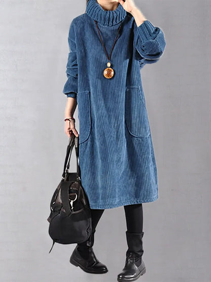 Women's Corduroy Midi Dress High Neck Big Pockets Fleece Lined Thickened