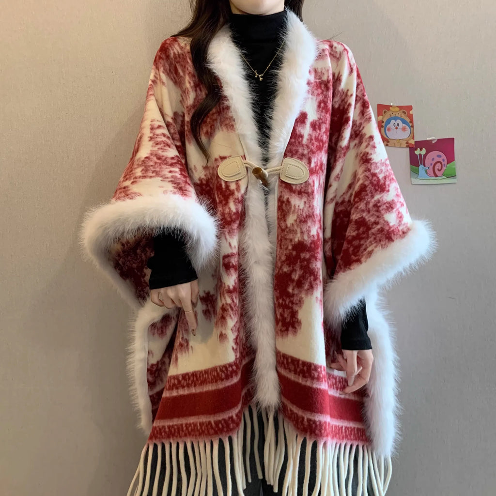 Dyed Ink Wash Print Faux Fur Patchwork Shawl Coat Women