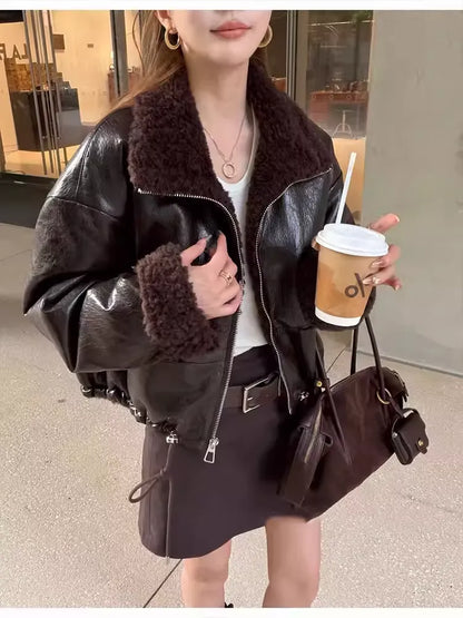 Warm Faux Shearling Lapel Leather Outerwear