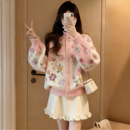 Floral print lamb wool cardigan pink two-piece set