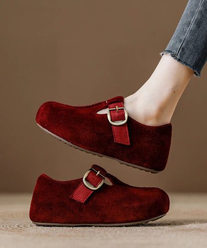 Red Suede Splicing Flat Feet Shoes Fuzzy Wool Lined