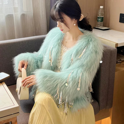 Luxury Fox Fur Coat with Tassel Trim - Winter Warm Outerwear