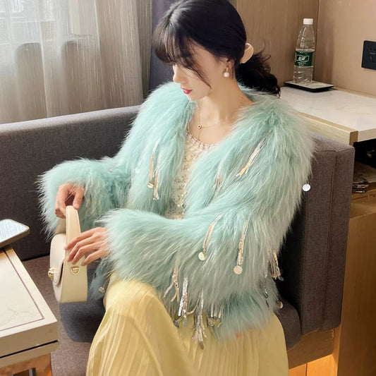 Luxury Fox Fur Coat with Tassel Trim - Winter Warm Outerwear