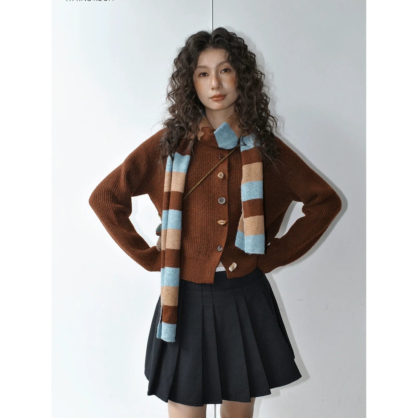 Block Striped Scarf Cardigan Sweater