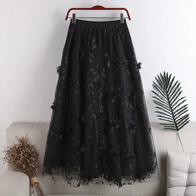 Layered Mesh Tulle Full Flare Skirt with 3D Embroidery