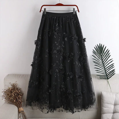 Layered Mesh Tulle Full Flare Skirt with 3D Embroidery