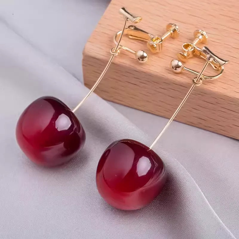 Sweet Burgundy Cherry Earrings, Elegant Jewelry for Daily Commute
