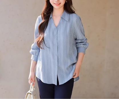 Plus Size V-Neck Striped Shirt Spring Casual Top