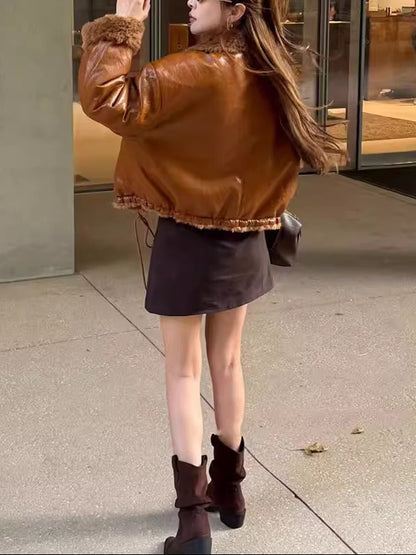 Warm Faux Shearling Lapel Leather Outerwear