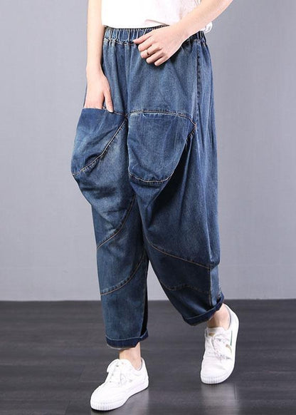 2026 autumn old casual pants big pockets denim blue harem pants
