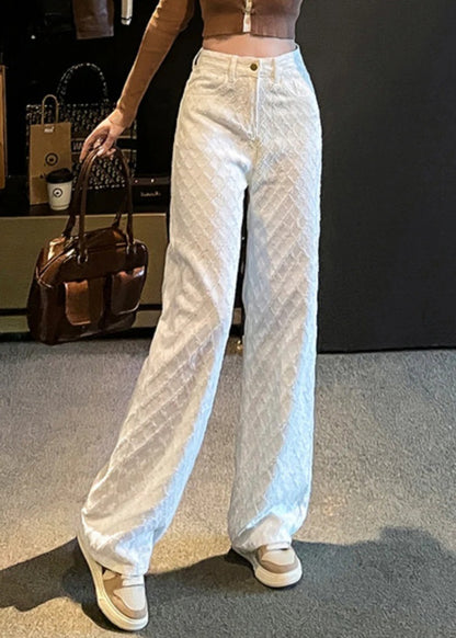 French White Pockets High Waist Denim Straight Pants Spring