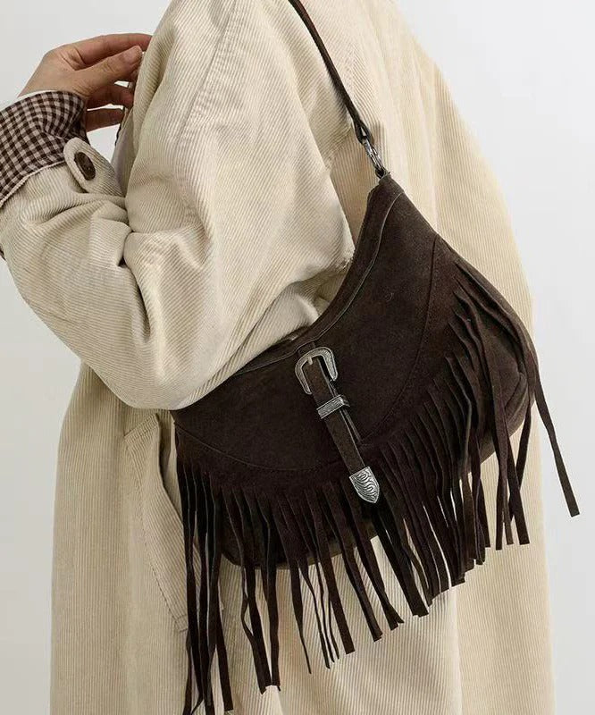 Handmade Khaki Tasseled Solid Durable Fine Suede Messenger Bag