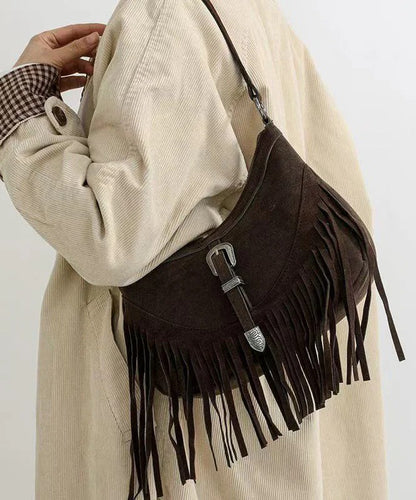 Handmade Khaki Tasseled Solid Durable Fine Suede Messenger Bag