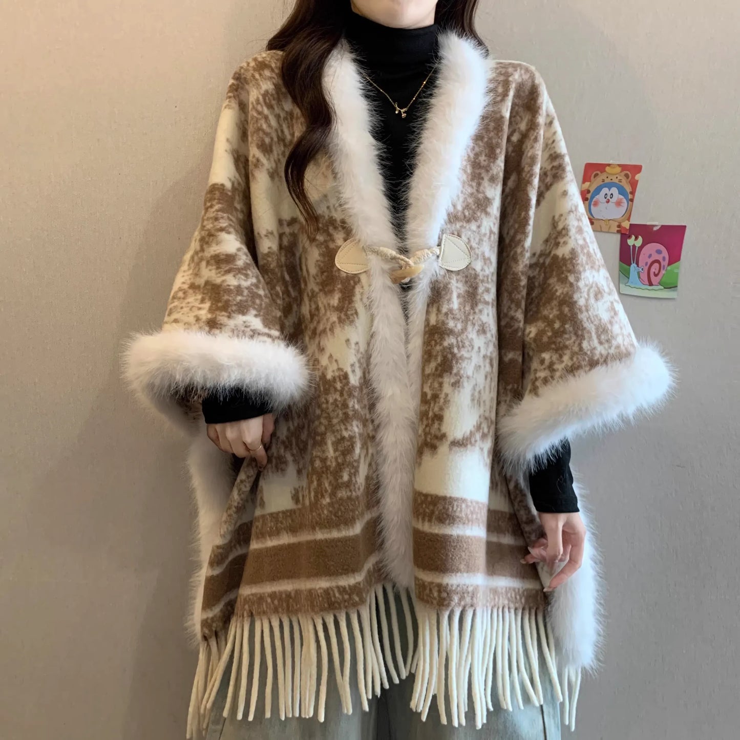 Dyed Ink Wash Print Faux Fur Patchwork Shawl Coat Women